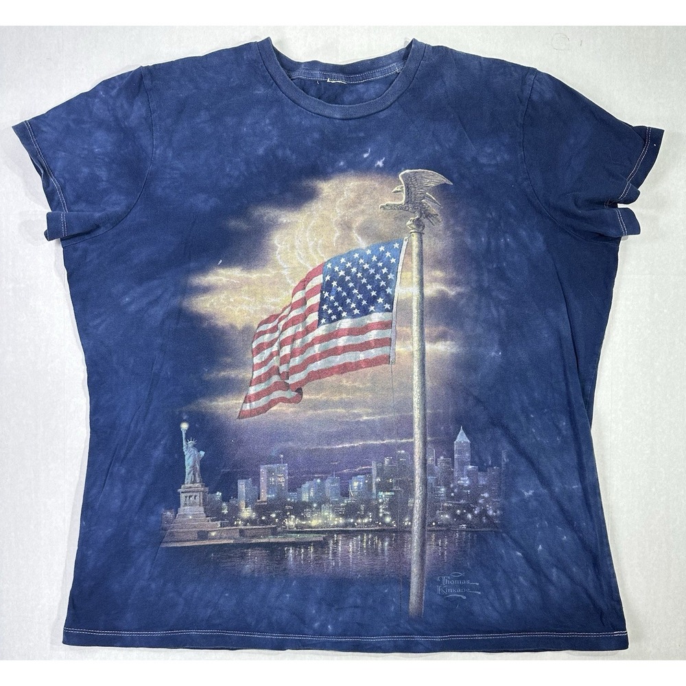Vintage 90s Thomas Kinkade American Flag Liberty Statue Art Tee Blue USA XL